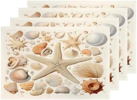 Shrahala Seashells Starfish Set of 4 12 X 18 Inch Linen Placemats, Beach Collection Burlap Table Mat Washable Double Layered Heat Insulation for Indoor/Outdoor