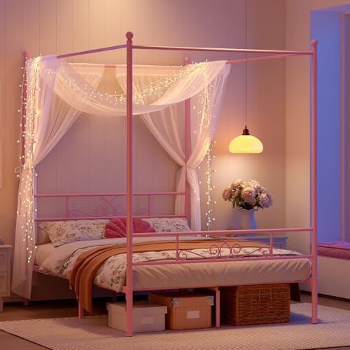 Full Metal Canopy Platform Bed Frame with Headboard, Pink