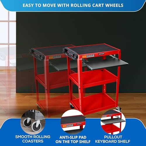 Classroom Basics UCMT1KB-RD, Adjustable-Height Steel Utility Cart w/Keyboard Tray, Powered Rolling Tech Cart, Red