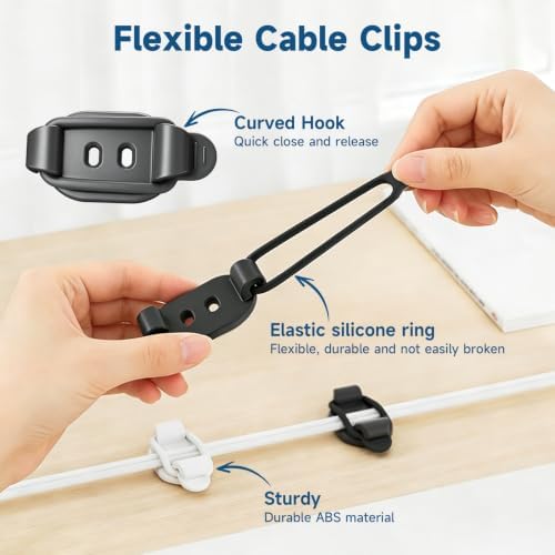Adjustable Cable Management Clips, Self Adhesive Cord Organizer with Elastic Loop, Reusable Cable Holder for Desk, Under Desk, Wall, TV, Office, Home, Charging Cables, USB, HDMI, PC Wires (10, Black)