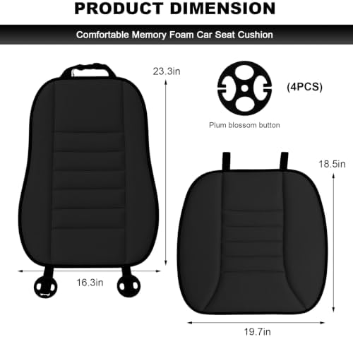 Car Seat Cushion, 1.2" Thick Comfort Memory Foam Auto Seat Pad with Non Slip Bottom, Breathable Driver Seats Pillow Pressure Relief Chair Cushion for Vehicle Office Home (Black with Backrest)