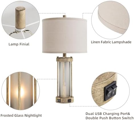RORIA Farmhouse Table Lamps Set of 2 for Living Room with 2 USB Ports