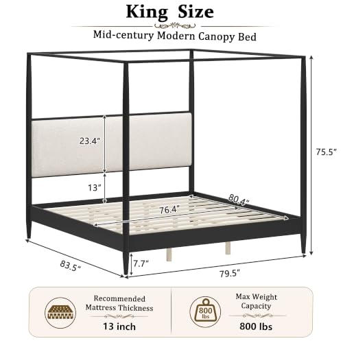 King Size Solid Wood Canopy Bed Frame with Upholstered Headboard