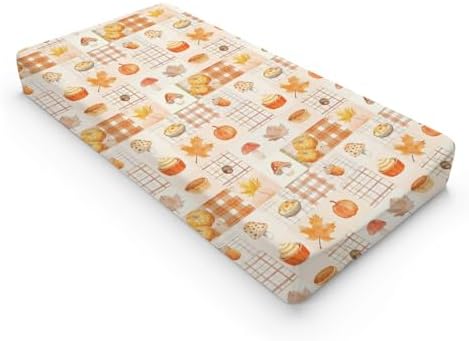 Autumn Pumpkin Leaves Mushroom Checkered Patchwork Pattern Baby Changing Pad Cover, Unisex Fall Winter Holiday Nursery Diaper Changing Table Pad Mat Sheet for Boys Girls-16x32