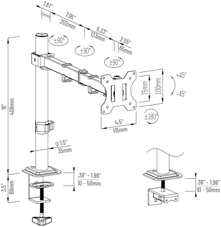 Mind Reader Single Monitor Desk Mount for 13–32 Inch Screens, Adjustable Tilt ±45°, Swivel ±90°, Rotate 180°, VESA 75x75/100x100, Holds up to 17.6 lbs, Cable Management, Quick Release, Black
