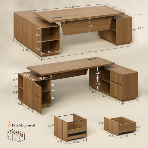 85.8" Large Executive Desk with Power Outlet, Ample Storage