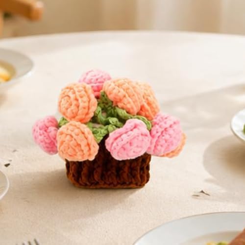 Transformable Knitted Rose 2-in-1 Flower Basket Handmade Crochet