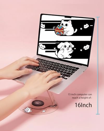 Upgraded Pink Swivel Laptop Stand - 360° Rotating Base & Foldable|Cute Cat Patterns for Healing Vibe|Fits MacBook & 13-15" Laptops|Ideal for Desk Work,Office,Travel,Home,Painting