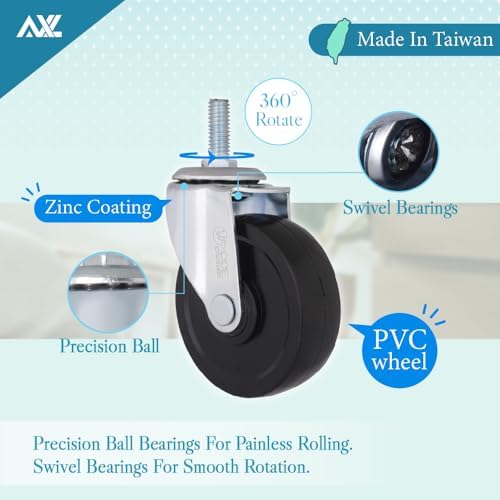AXL 3 Inch Caster Wheels Set of 4, Heavy Duty 3/8"-16 x 1 Threaded Stem Swivel Casters with Brakes, Quiet PVC Replacement for Clothing Garment Rack, Whiteboard, Wire Shelving & Garment Racks