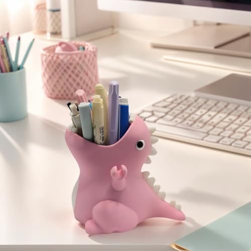 TIME&TRAVE Cute Dinosaur Pen Holder for Desk, Creative Pencil Holder Desk Organizers, Office Supplies Decorations Idea Gift for Women Kids (Pink)