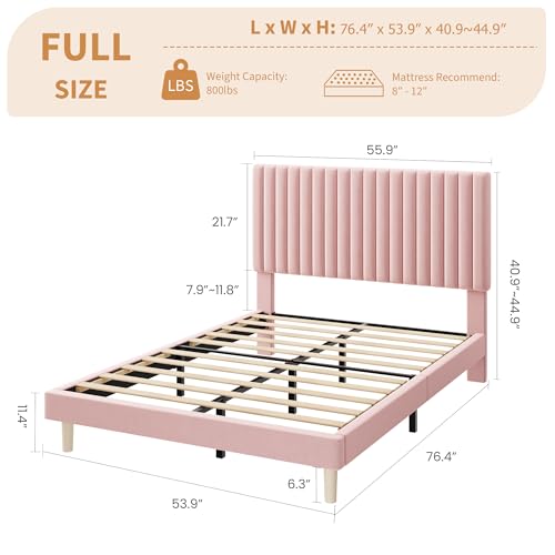 Full Bed Frame with Adjustable Headboard, Velvet Upholstered Platform Bed