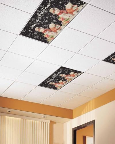 Black Christmas Magnetic Fluorescent Light Covers for Ceiling Lights 2 x 4 Feet,Vintage Snowflakes Snowman Bear Farmhouse Office Classroom Kitchen Drop Ceiling Light Covers Filters Shade Panel 1 Pack