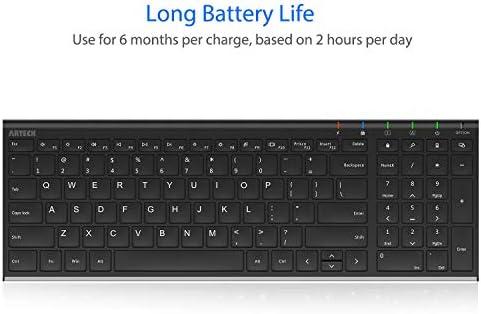 Arteck USB Wireless Keyboard Stainless Steel Ultra Slim Keyboard with Numeric Keypad for Computer/PC/Laptop and Windows 11/10/8 Rechargeable Battery