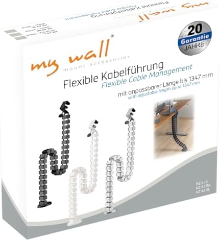 mywall HZ43WL Cable Guide with a Length up to 1,347 mm, Cable Management for Desks with Clamp Fixation, Cable Tube Cable Duct Round, 4-Way Channel System with Modular Swirl Structure