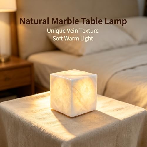 Natural Marble Lamp Cordless Pat Control Night Light Rechargeable Small Marble Table Lamp, Dimming Warm Glow Portable Stone Touch Lamp for Bedroom, Living Room, Decor Gift (Cube-Crystal)