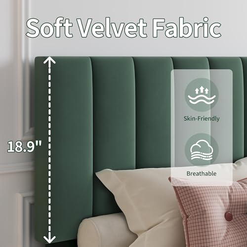 Queen Size Platform Bed Frame with Upholstered Headboard, Dark Green
