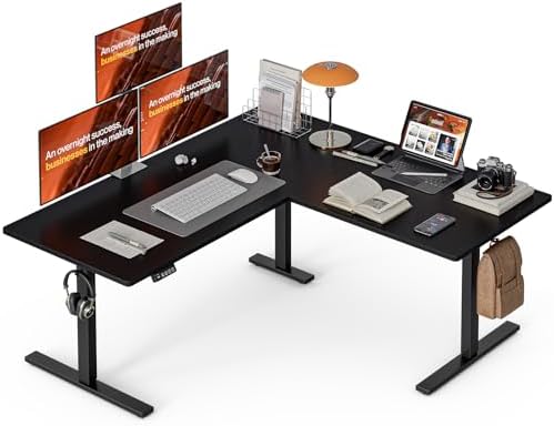 Grandder 63 x 55 Inch L Shaped Standing Desk, Electric Height Adjustable Corner Stand Up Desk, Sit Stand Corner Table Home Office Table, Black Top Black Frame
