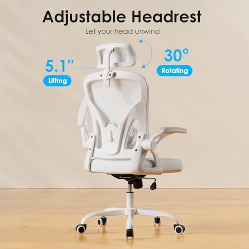 Farini Ergonomic Office Chair, Home Office Desk Chair with Headrest, High Back Swivel Computer Chair with Armrests and Adjustable Lumbar Support for Home Office Study Room, White & White