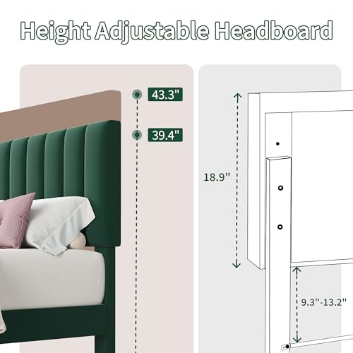 Queen Size Platform Bed Frame with Upholstered Headboard, Dark Green