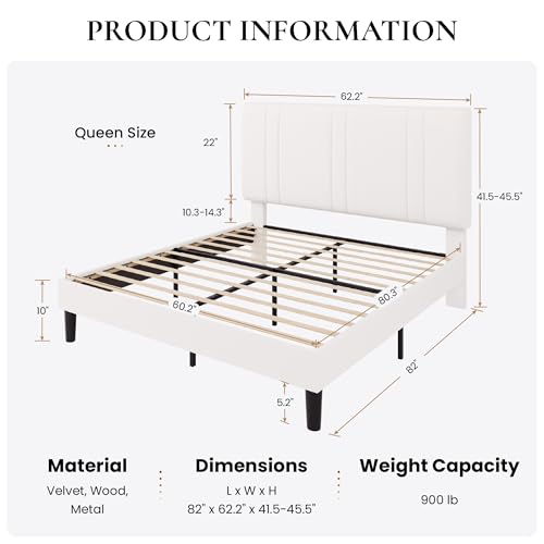 Queen Size Velvet Bed Frame with Adjustable Headboard, White