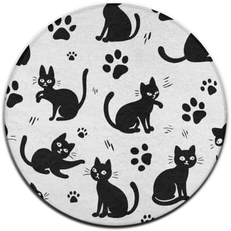 Soft Round Yoga Carpet, Office Chair Decor Round Mat for Carpet and Hardwood Floors Black Cat Paw Print