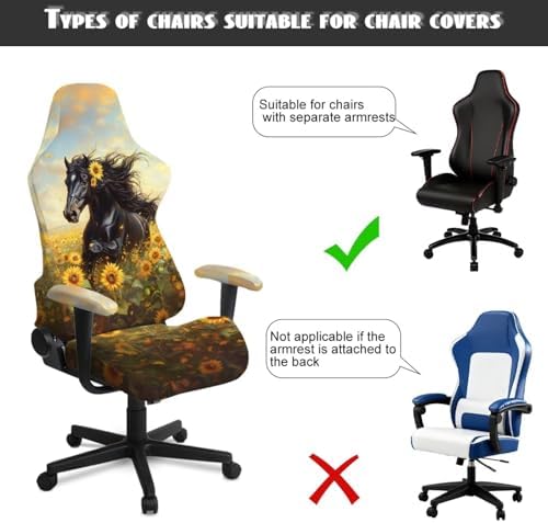Horse Gaming Chair Cover with Armrest Cover Sunflower Game Computer Covers Cat Scratch Proof Washable Slipcover Universal Stretchable Swivel Office Desk Chair Protector 4-Piece