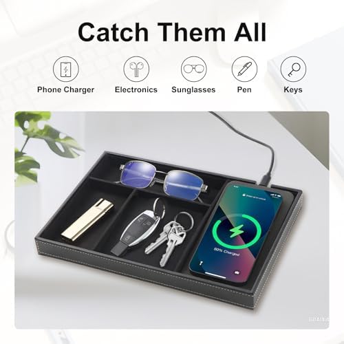 Valet Tray with Wireless Charging, All in one Nightstand Organizer for Men