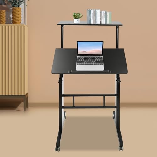Small Standing Desk, Mobile Rolling Computer Desk, Portable Stand Up Desk with Wheels, Adjustable Height Sit Stand Home Office Desk, 23.6" L x 21.6" W (Black)