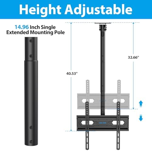 USX STAR Ceiling TV Mount for 26-65 inch Flat Screen Displays, Adjustable Ceiling TV Bracket Fits Most LCD LED OLED TVs, 14.96Inch Single Extended Mounting Pole, Holds up to 110lbs, Max VESA 400x400mm