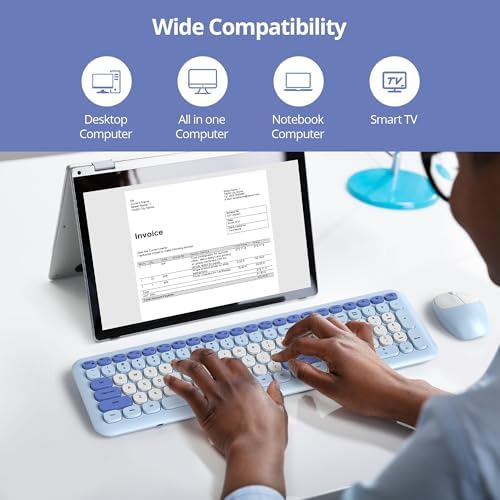 surmen Blue Keyboard and Mouse Wireless, Cute Wireless Typewriter, Full Size Slim Silent Keyboard Round Keys Aesthetic for Home and Office(Colorful Blue)