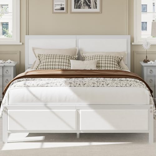 Queen Size Bed Frame with Headboard, Heavy-Duty Metal Platform Bedframe & Wood-Grain Finish Board, No Box Spring Needed, Easy Assembly, White
