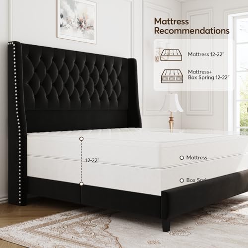 Queen Upholstered Bed Frame, 55.4'' Tall Headboard with Wingback