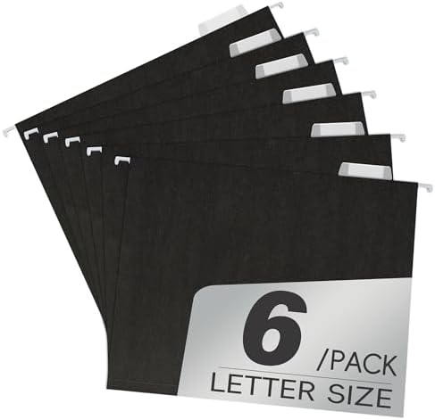 pmybupo 6 Pack Black Hanging File Folders,Letter Size Hanging Colored File Folders-,11 Point Paper Stock,1/5-Cut Adjustable Tabs,Bulk for Filing Cabinet