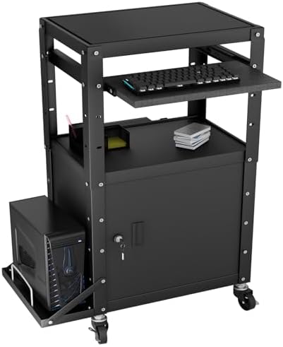 Mobile AV Cart with Side Shelves, Rolling Computer Cart Height Adjustable Rolling Media Utility Cart with Pullout Keyboard Tray Extra Storage Space, 4 Outlets, Perfect for Home or Office Use