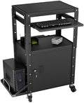Mobile AV Cart with Side Shelves, Rolling Computer Cart Height Adjustable Rolling Media Utility Cart with Pullout Keyboard Tray Extra Storage Space, 4 Outlets, Perfect for Home or Office Use