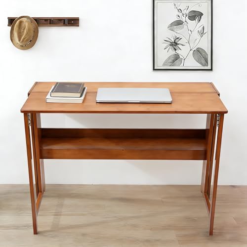 Foldable Desk, 110lbs Load Capacity Bamboo Desk, Floor Standing Space Saving Desk, 30in Height Folding Desk with Storage for Bedrooms, Children's Rooms, Dormitories