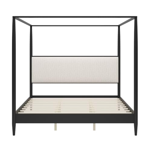 King Size Solid Wood Canopy Bed Frame with Upholstered Headboard