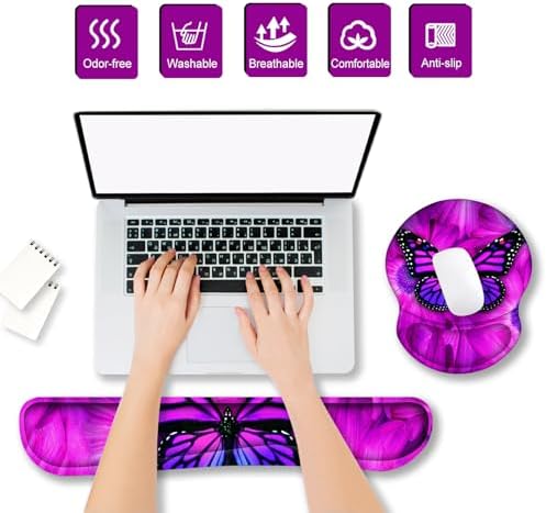 ARTSO Ergonomic Mouse Pad with Wrist Rest, Comfortable Keyboard Wrist Rest, Memory Foam Mousepad for Computer Keyboard, Mouse Pad Set for Easy Typing, Pain Relief, Purple Butterfly