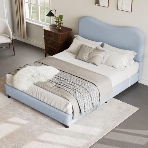 Queen Bed Frame with Boucle Fabric, Blue
