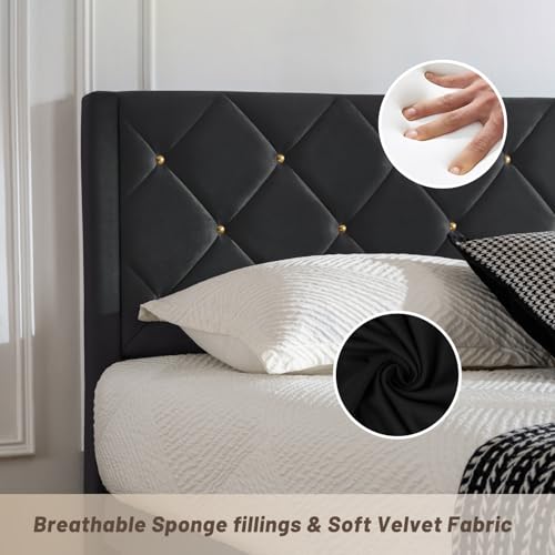 Full Size Platform Bed Frame with Velvet Headboard