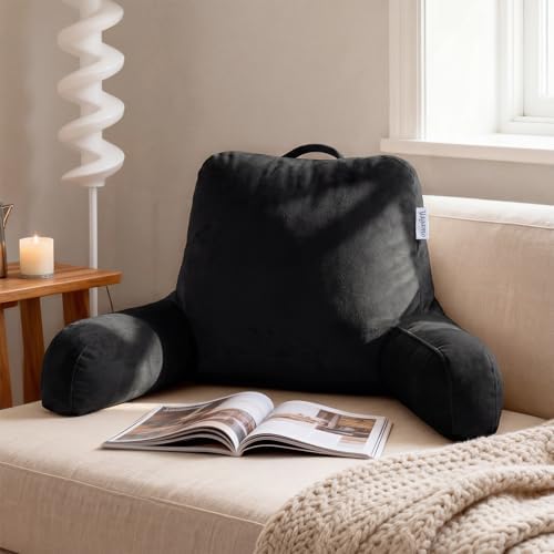 Reading Pillow with Adjustable Memory Foam,Adult Backrest with Arms, Back Pillow for Sitting in Bed with Washable Cover- Large, Black