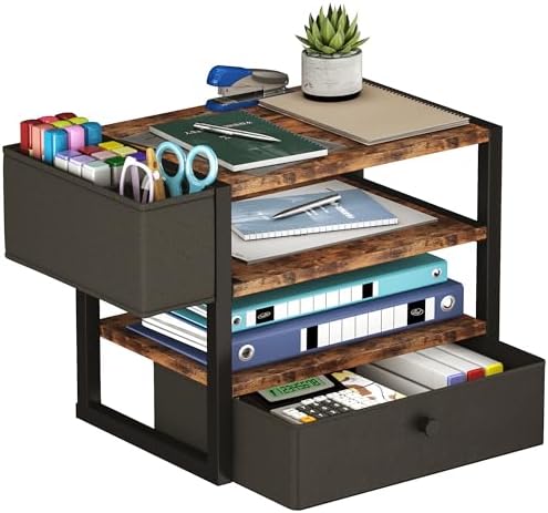 Desk Organizers and Accessories, 4-Tier Paper Letter Tray File Organizer with Fabric Drawer & 3 Pen Holder, Office Desk Accessories Workspace Desktop Organizer for Office Supplies, Rustic Brown