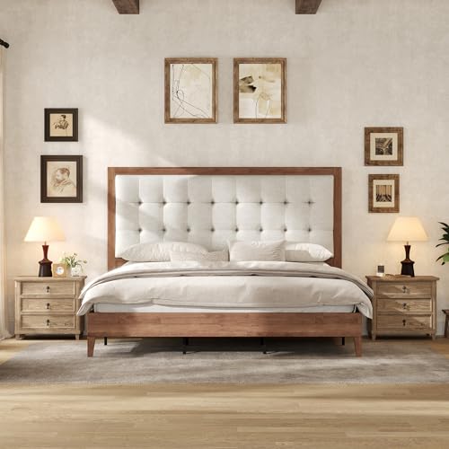 Solid Wood Queen Bed Frame 50.2" Upholstered Headboard, Walnut