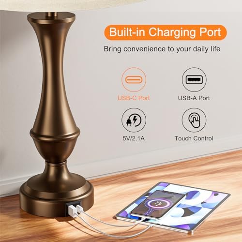 Touch Lamps for Nightstand, 3 Way Dimmable Lamps for Bedroom with USB C+A