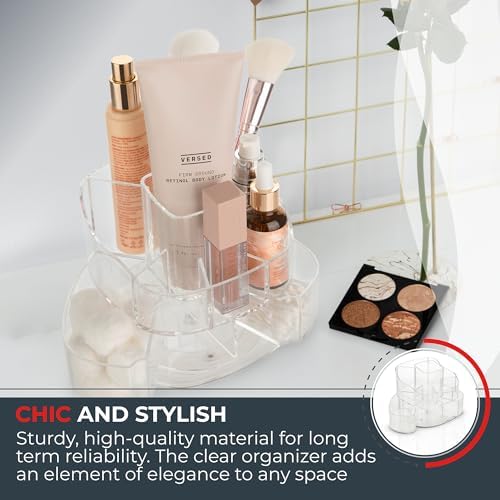 Masirs Small 360 Rotating Makeup Organizer, 5 Compartments, Square Clear