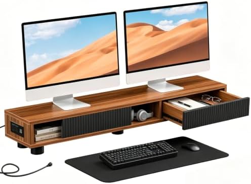 Artswish Dual Monitor Stand with Power Outlet, 42" Walnut Monitor Riser