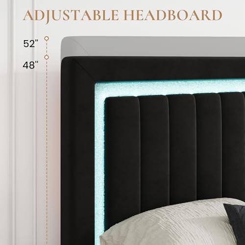 Queen Size Velvet Bed Frame with LED Light, Black