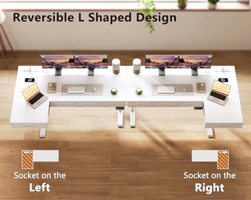 55 Inch L Shaped Standing Desk with 4 Wooden Drawers, White