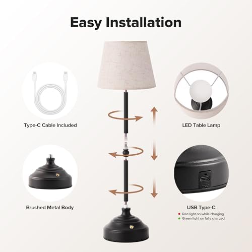 Cordless Table Lamp, Rechargeable Desk Lamp with Fabric Shade, Battery Operated Lamp 3 Color Stepless Dimming, Portable Small Touch Bedside Lamp Home Decor for Dining, Counter (Matte Black)