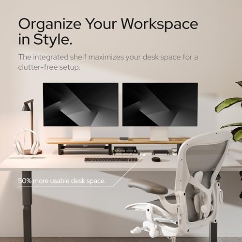 KIVY Dual Monitor Riser With Integrated Metal Shelf - Wooden Desk Shelf